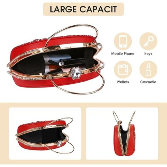 Peacock Rhinestone Evening Purse Handbag Red Shoulder Chain Holiday Party NEW - Picture 3 of 3